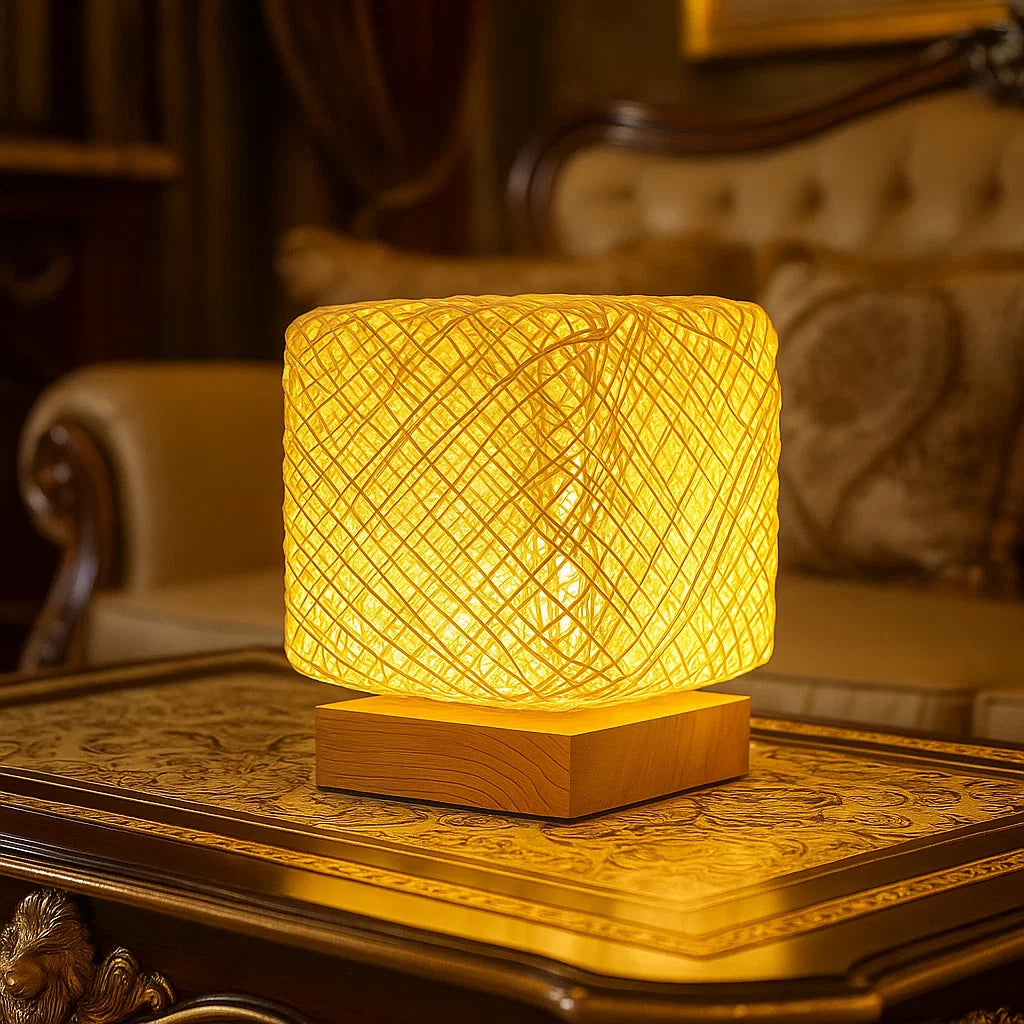 Rattan-Tischlampe mit Holzsockel ⎜ Dimmbares Stimmungslicht für Schlafzimmer und Wohnräume