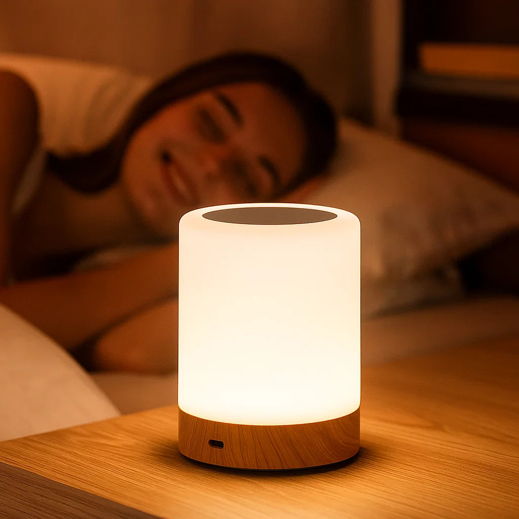 LED-Nachtlicht mit Holzoptik ⎜ Farbwechsel und Touchfunktion für stimmungsvolle Beleuchtung im Schlafzimmer