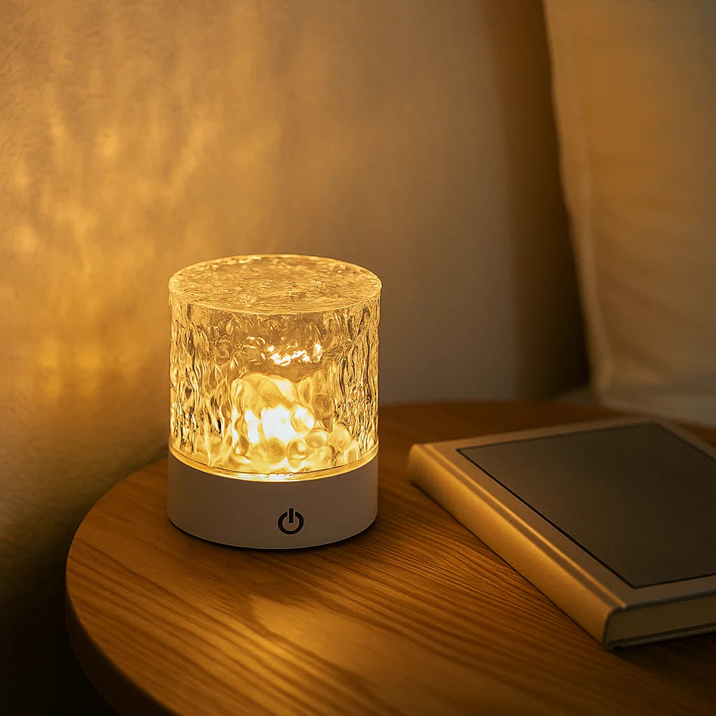 Kristall-Tischlampe mit Wassereffekt ⎜ Stimmungslicht für Schlafzimmer und Wohnambiente